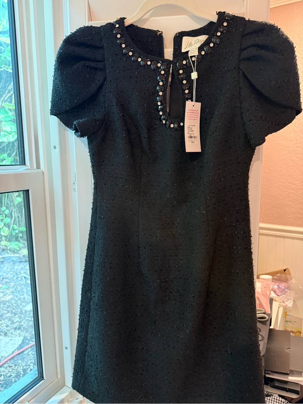 Lilly Pulitzer Black Beaded Puff-Sleeve Mini Dress
